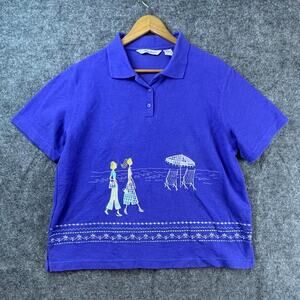 Vintage TanJay Polo Shirt Womens Large Purple Coastal Beachy Grandma Embroidered